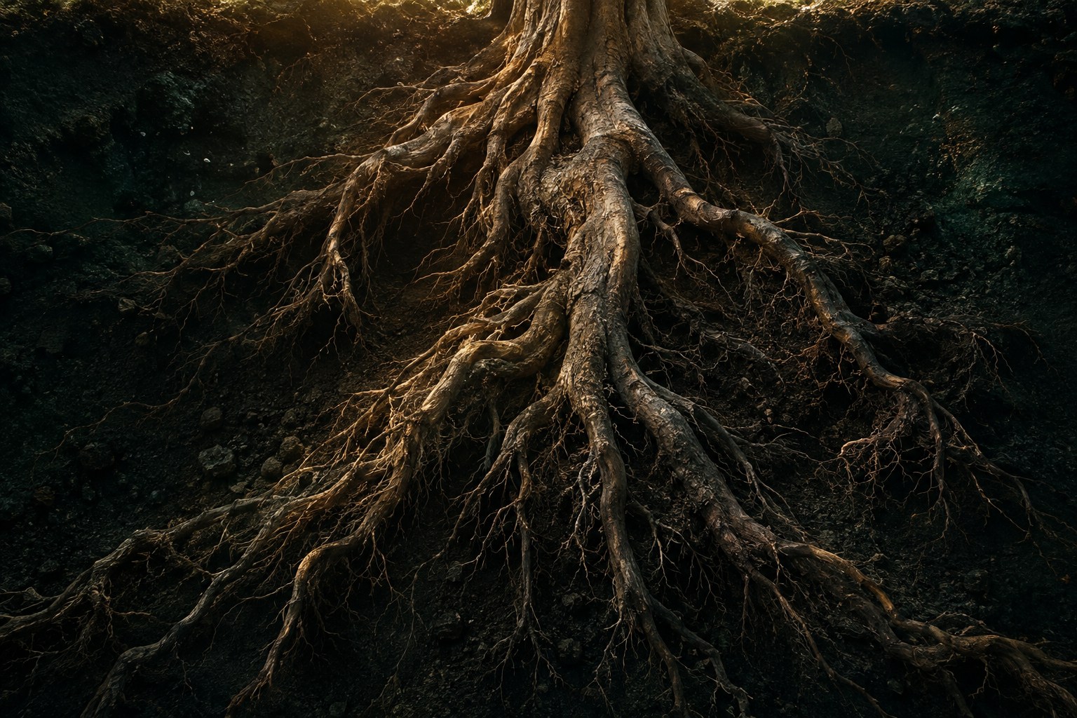 The root system of a great tree spreading through dark soil
